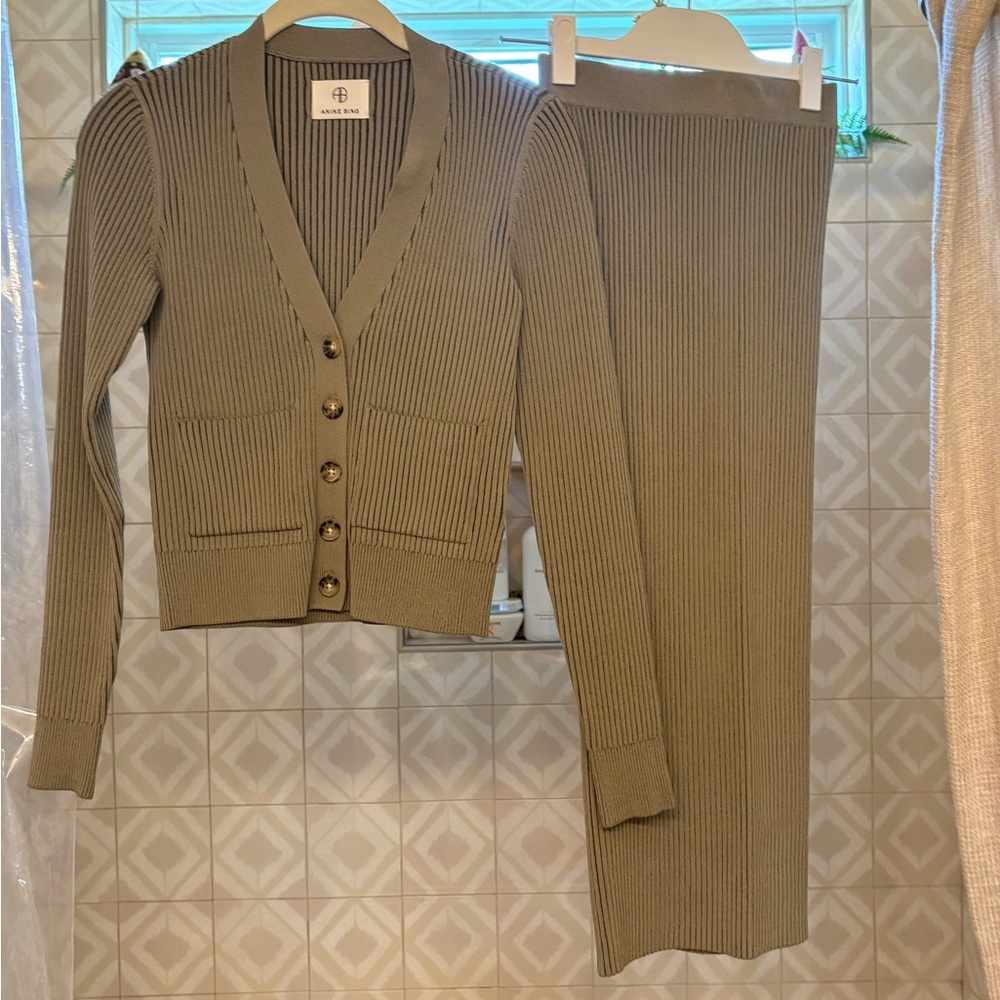 Anine Bing Ribbed Olive Cardigan and Pencil Skirt Set